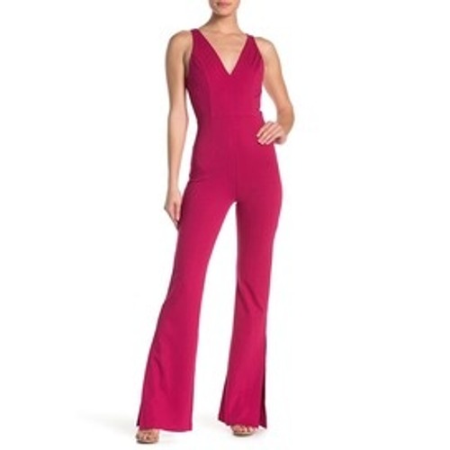 Socialite Women Magenta Pink V-Neck Wide Leg Jumpsuit With Side Slits Size M